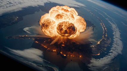 A powerful nuclear blast over a coastal region is captured from a stunning space perspective.