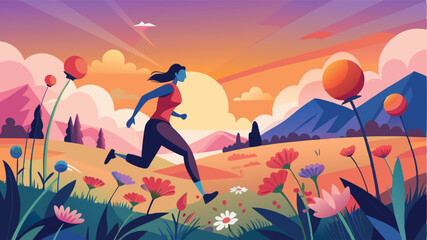 Vector illustration of a woman running through a vibrant flower field during sunset with mountains in the background