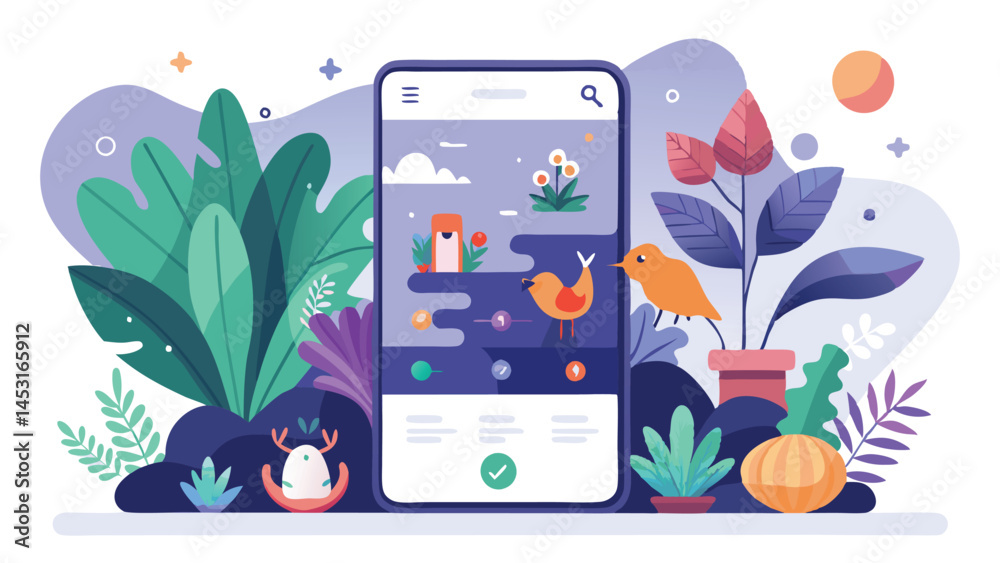 Poster bright and colorful vector illustration of a smartphone surrounded by lush greenery and playful bird