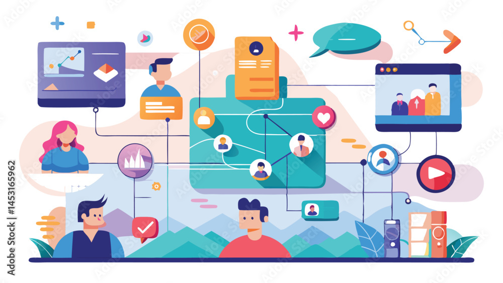 Aufkleber creative vector illustration showcasing digital communication and networking activities among divers