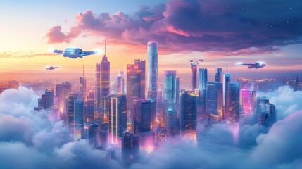 Fototapeta premium Futuristic cityscape with towe skyscrapers glowing neon lights floating above clouds du sunset with flying vehicles and vibrant sky in a modern metropolis scene