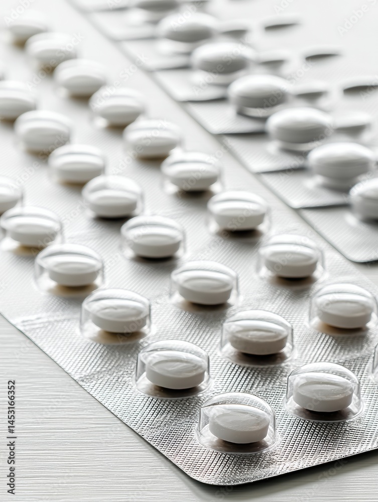Aufkleber blister packs of white pills arranged diagonally on a clean surface highlighting medication organiza