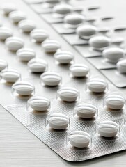 Blister Packs of White Pills Arranged Diagonally on a Clean Surface Highlighting Medication Organization and Presentation Generative AI