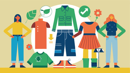 Colorful vector illustration showcasing sustainable fashion with diverse clothing items and eco-friendly elements against a vibrant background
