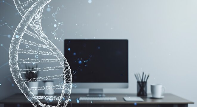 double exposure of a dna drawing and a desktop puter background, with the dna drawing on the left side, ample copy space on the right side for photo use