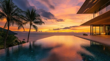 Luxurious modern villa with infinity pool overlooking tropical beach at sunset, contemporary architectural design with large glass and panoramic ocean view