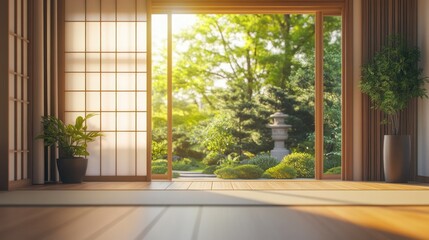 Spacious Traditional Japanese Tatami Room with Sliding Shoji Doors and Large Open View of Lush Green Garden and Sunlight Filte Through Trees