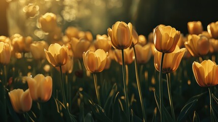 Obraz premium Vibrant yellow tulips blooming in a lush garden du golden hour with warm sunlight creating a serene and peaceful sptime floral scene with soft background blur