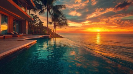 Stunning sunset over infinity pool overlooking ocean with palm trees luxurious tropical resort water landscape vibrant orange sky warm evening scene