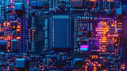 Abstract circuit board technology background with vibrant neon lights digital art chip blue data