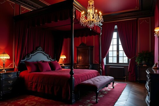Luxurious bedroom interior featuring a four poster bed and elegant red decor