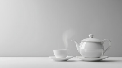 Fototapeta premium Elegant white porcelain tea set including teapot and cup with steam rising on a light gray background for traditional tea drinking, kitchenware, and serving