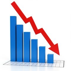3D Bar graph with arrow showing decline on white background