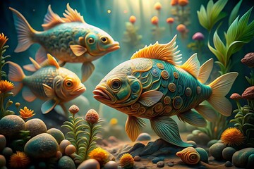 Fototapeta premium Exquisite 3D Carved Marble Fish Sculptures with Aquatic Plants Bokeh Background - Stock Photo