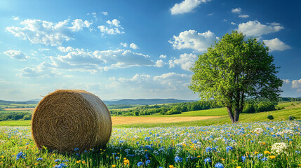 A peaceful summer landscape with a hay bale resting on a green field dotted with wildflowers, under a blue sky near a lone tree, symbolizing harvest, rural harmony, and sustainable farming.

