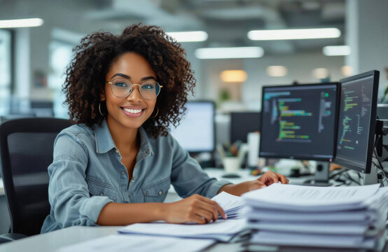 A smiling Black woman with curly hair and glasses confidently works at her desk in a modern office setting, surrounded by computer monitors and paperwork.
