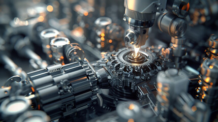 Fototapeta premium An AIpowered robotic arm assembling a complex piece of machinery with precision, symbolizing the future of manufacturing -