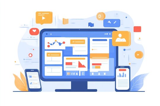 Modern digital dashboard for various applications.  Multi-device interface for data analysis, communication, and management