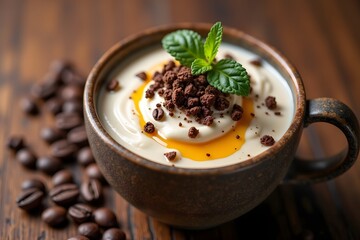 Decadent coffee dessert with fresh mint garnishing in a rustic ceramic mug