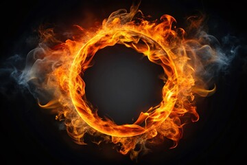 Fototapeta premium Fiery Ring of Inferno: Intense Orange Fire and Dark Smoke Swirling in Black Background Stock Photo