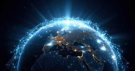 Obraz premium Digital Earth with global network connections glowing in the dark.