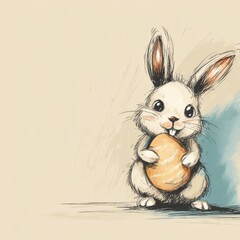 Happy little Easter bunny holding an Easter egg drawing, cheerful scene, white background with copy space on the side.
