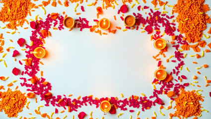 Obraz premium Vibrant Festive Flatlay Marigold Petals & Colored Rice Border