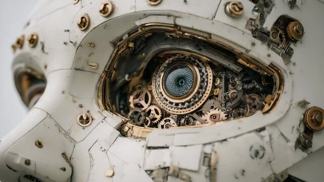 Close up view of a robotic eye, detailed gears and mechanisms visible, off white and gold tones, intricate design, futuristic aesthetic.