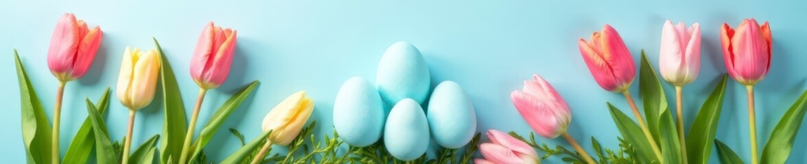 Fototapeta premium Pastel Easter eggs nestled amongst blooming tulips on a serene blue backdrop , vibrant, serene