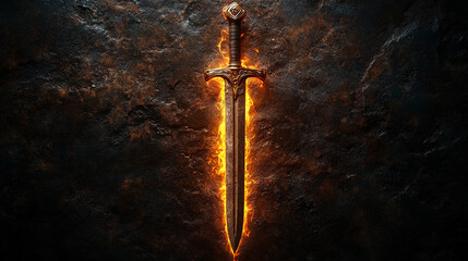 A glowing sword stands upright at the center of a dark background, its long blade engulfed in flame, symbolizing power, justice, and the eternal struggle between light and darkness.

