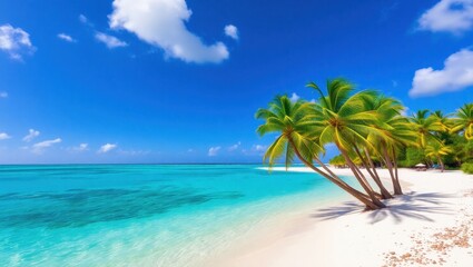 Tropical Beach with Palm Trees and Clear Blue Ocean Under Sunny Sky
