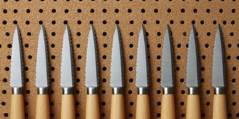 Fototapeta premium A row of carving tools with wooden handles is arranged on a perforated board. Tools display, organization, craftsmanship, woodworking