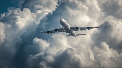 Obraz premium A commercial airplane climbs through the clouds, symbolizing progress and human ambition in aviation.