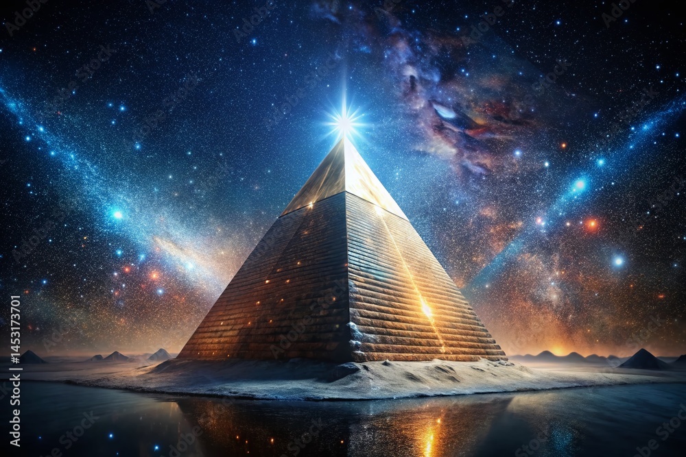 Wall mural futuristic egyptian pyramid floating in space - minimalist cosmic art