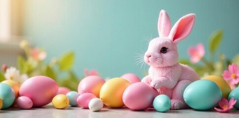 Vibrant pastel Easter eggs nestled amongst fluffy bunny figurines , spring colors, cute, eggs
