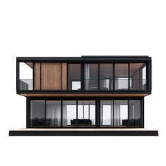 Modern two-story home with dark exterior, light interior, and large windows