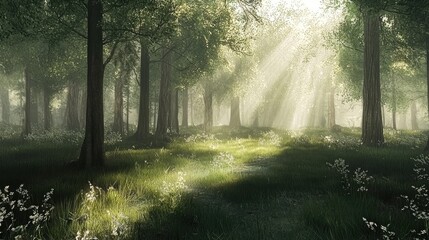 Obraz premium Sunbeams penetrate a tranquil forest glade.