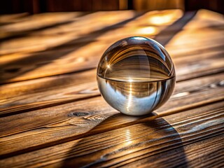 Obraz premium Glass Object Reflecting Light on Wooden Table - Minimalist Still Life Photography