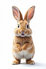 Obraz premium Happy bunny hopping on white background, long ears, fluffy tail, stock photo, happy rabbit, spring