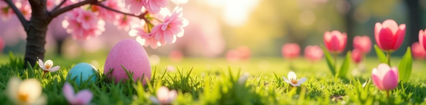 Hidden pastel Easter eggs peek from beneath blooming cherry blossoms and tulips in a bright spring garden , decoration, blue sky