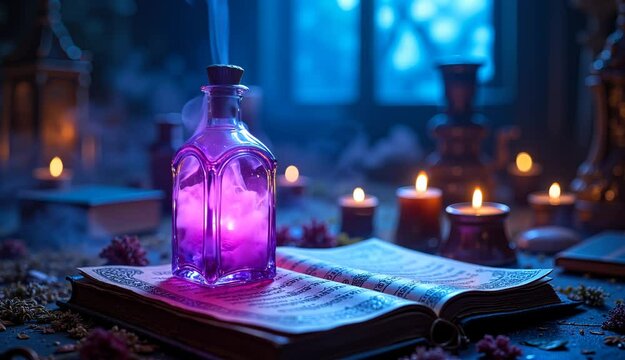 Mystical potion bottle glows and smokes on ancient book in dim ambiance  