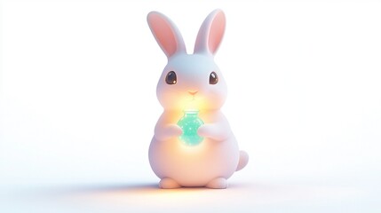 Obraz premium Cute white rabbit holding glowing teal egg