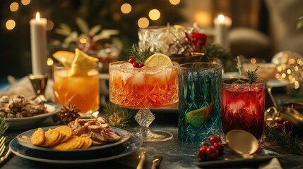 Festive beverages and appetizers on a holiday table setting.