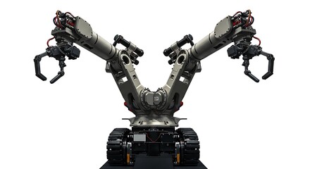 Naklejka premium mechanized industry robot with robotic arms in geometric style, subject positioned at the bottom with ample copy space at the top. ,isolated on bright background, no text, ultra sharp detailed
