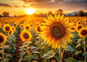 Golden Hour Sunflowers: Vibrant Field at Sunset, Documentary Photography Style