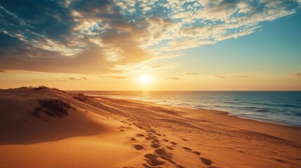 Obraz premium Sunset over Sandy Beach and Dunes: A Serene Coastal Landscape