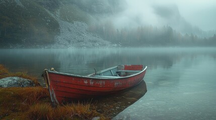 Misty lake scene with a weathered red boat.