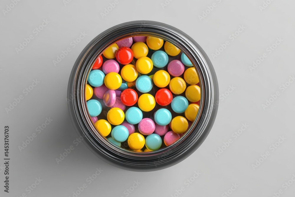 Poster colorful assortment of pills in a 3d pill bottle viewed from the top highlights organization and vib