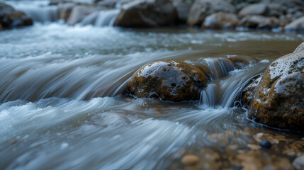 Closeup of water flow over smooth rocks in a tranquil river stream