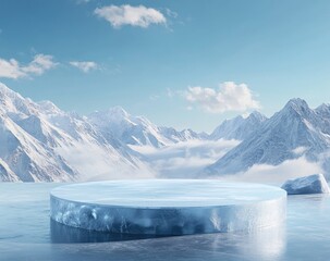 Icy round podium, snow-capped mountains, serene winter landscape  Crystal-clear ice platform, perfect for product display  Blue tones, tranquil scene